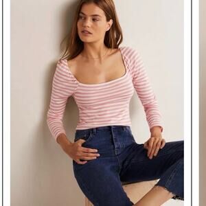 Boden | Square Neck Jersey Long Sleeve Stripe Pink White Size 16/18